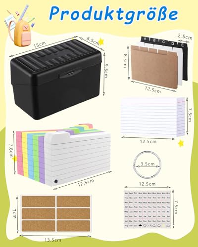Karteikarten mit Box, A7 Lernkarteibox mit 230 Liniert, 15 Register, 6 Kartonetiketten, 6 Ringen, 2 Aufkleber für Lernen Schulsachen Büro