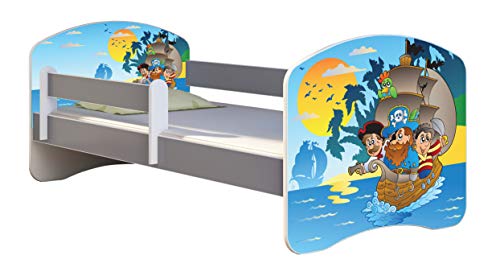 ACMA Kinderbett Jugendbett mit Einer Schublade und Matratze Grau mit Rausfallschutz Lattenrost II (21 Piraten, 140x70)