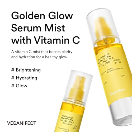 VEGANIFECT Vitamin C Glow Mist for Radiant Skin, Hydrating Serum Mist with Niacinamide & Glutathione, Korean Vegan Skincare, 3.38 Fl Oz