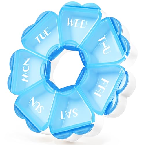 FHORAIN Runde herzförmige Pillenbox mit 7 großen Fächern für die Woche, reisefreundlich, Vitamin-Organizer (Blau)