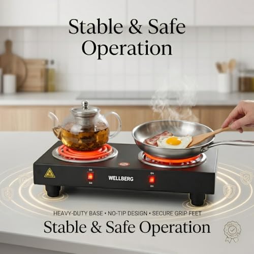 Image of Wellberg 2000W Double Coil Electric Hot Plate | Dual Burner Portable Stove with 2 Independent Switches | Compact Cooktop for Home, Hostel & Travel