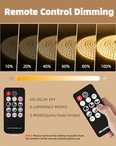 Image of 20ft LED Strip Lights with Remote, 3000K Warm Dimmable Tape Lights, 12V 360 LEDs 2835 Strong Adhesive Rope Lights for Cabinet Kitchen Ceiling Closet Vanity Mirror Stairway Basement
