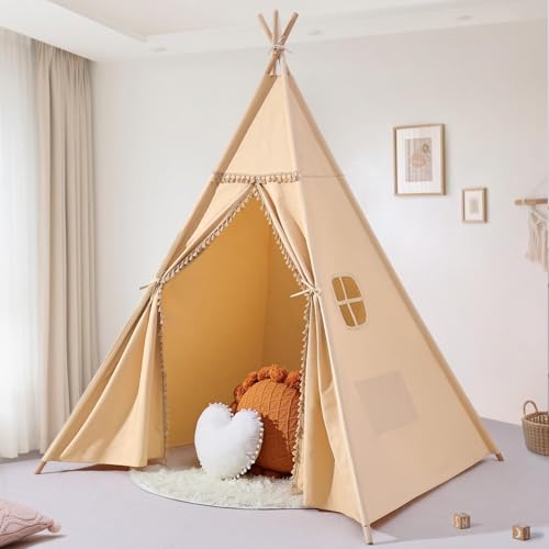 Image of Sumbababy Large Teepee Tent for Kids Indoor - Cotton Canvas Slumber Play Tents for Adults - Foldable Sleepover Tents for Girls Boys Party Gift Toy, Khaki