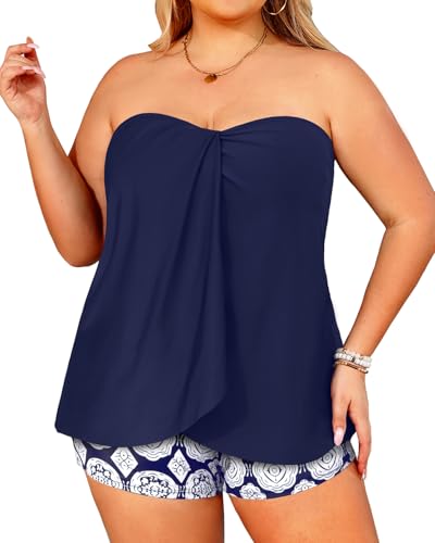 Image of Daci Plus Size Bandeau Tankini Swimsuit for Women 2 Piece Halter Swim Top with Shorts Tummy Control Bathing Suits