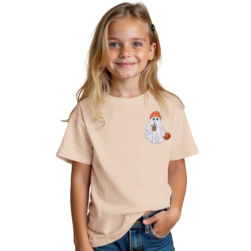 Image of Ritatte Kids Halloween Shirt Girls Boys Ghost Coffee Pumpkin T-Shirt Funny Graphic Spooky Season Short Sleeve Tee Tops 7-12Y
