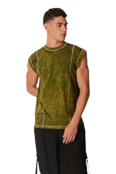 Crew Neck Green Acid Wash Vest | Sleeveless Casual Streetwear Top | Regular Fit Soft Fabric | Trendy Acid Wash Tank Top for Gym, Travel, Workout & Casual Styling-image-37