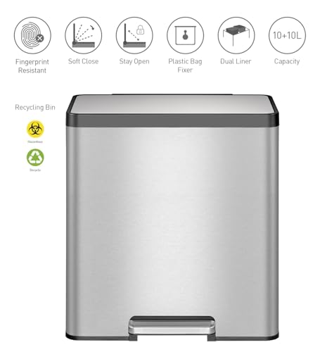 Image of Obsessions EKO Stainless Steel Dual Step Trash Can for Recycling, 10+10L Rectangular Kitchen Dustbin, Independent Pedals and Lids, Soft Close and Fingerprint Resistant, Metallic