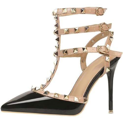 SPONYBORTY Damen-High-Heels mit Nieten Knöchelriemen Stiletto...