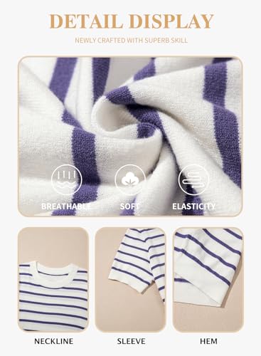 Image of Eytino Women Plus Size Sweater Tops Short Sleeve Crewneck Striped Tshirts Casual Summer Blouses Shirts(1X-5X)