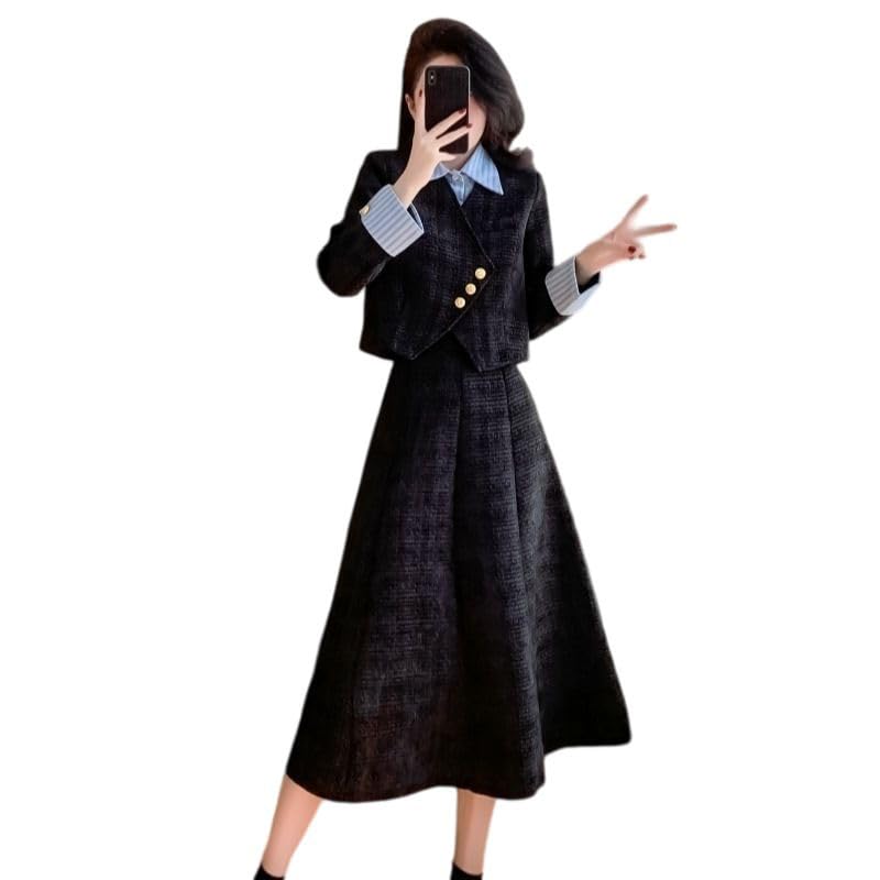 Ensemble tweed coréen femme jupe et veste courte style patchwork