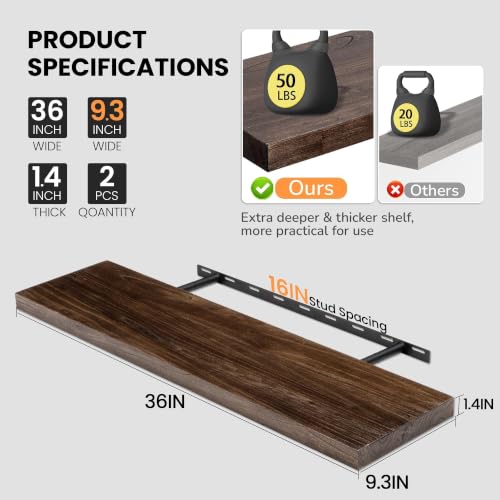 Image of Fun Memories Floating Shelves for Wall, 36 inchx9.3 inch Rustic Solid Elm Wood Shelves, Heavy-Duty Wall Mounted Shelf with Invisible Brackets, Set of 2 for Living Room, Bedroom, Kitchen, Walnut Finish