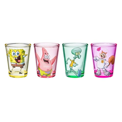 Image of Silver Buffalo SpongeBob SquarePants 4 Piece Mini Glass Set Featuring SpongeBob SquarePants, Patrick Star, Squidward, and Sandy Cheeks, 1.5 Ounces