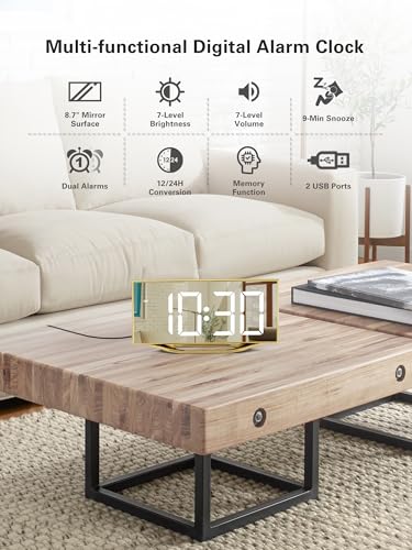 Image of Digital Alarm Clock for Bedrooms, Slim LED Desk Clock with Gold Mirror Finish, 7 Levels Brightness, Dual USB Ports, Snooze, 12 /24H, 8.7 inch Large Display Modern Bedside Clock for Home Office Decor