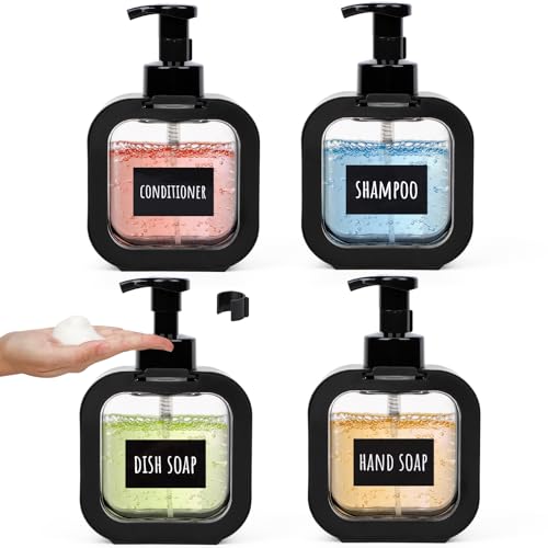 Segbeauty 16.9oz Foam Pump Bottle Set, 4 Packs 500ml Refillable Plastic Foaming Soap Dispenser, Empty Foaming Plastic Soap Dispenser Square Hand Soap Bottles with Foaming Pump for Modern Kitchen Sink