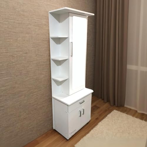 CASPIAN Engineered Wood Single Door Wooden Vanity Dressing Table (White) | Pre-Assembled Furniture with Mirror, LED Light | Makeup & Accessories Storage Organizer with 4 Shelves, 1 Cabinet & 1 Drawer