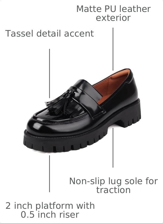 Image of Black Loafers Women Platform Chunky Business Casual Shoes | Memory Foam Insoles,Lug Sole,Slip on,Comfort Loafers for Work,Office,Commute,Versatile Daily Wear