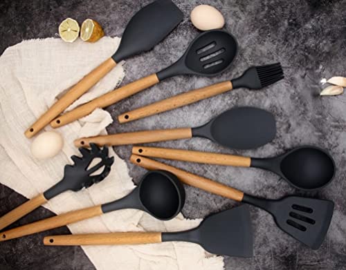 Comeback Ent. - 12 Pcs Kitchen Cooking Utensils Set Silicone | Heat Resistant | Kitchen Utensils With Wooden Handle And Holder | Easy To Clean | Tongs, Spatula, Whisk, Spoon, Brush (Black) #TOP3