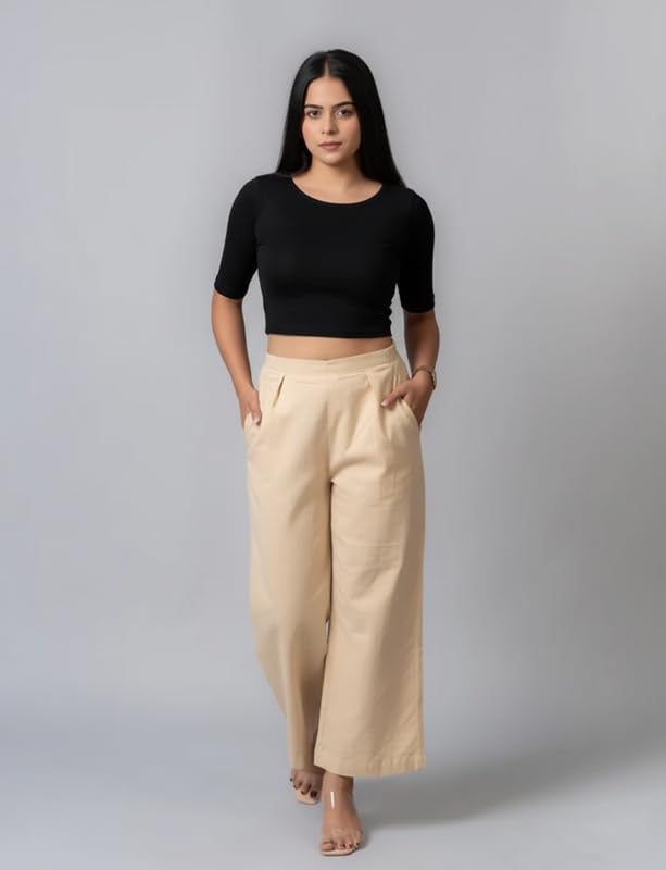 Image of Moirai Pure Cotton Wide Leg Women Trouser Stylish Mid Rise Relaxed Straight Fit Loose Pants Casual Travel Office Formal Wear