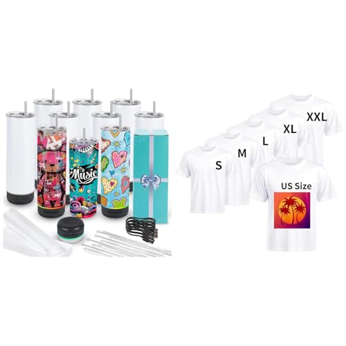 Joyclub Bundle of 10 Pack 20 oz Sublimation Speaker Tumblers Bluetooth and 5 PCS Unisex Sublimation Blanks Bulk Polyester T Shirts