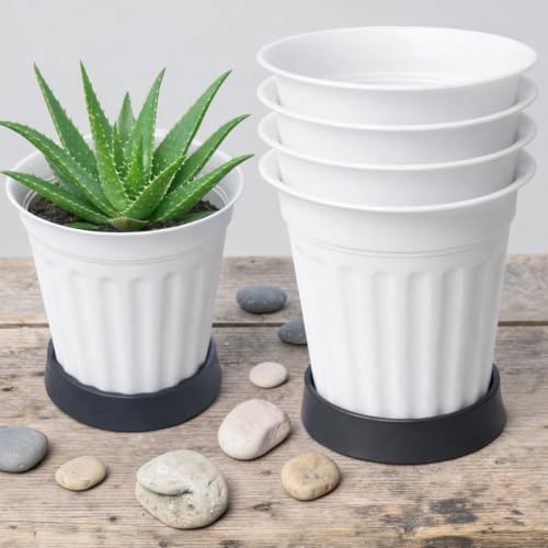 Image of TechHark WhitePlastic Plant Pots with Saucer, Ribbed Style, for Indoor and Outdoor Use, Set of 5