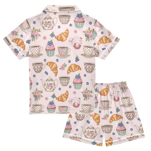 Satin Pajama Sets Short Sleeve Tea Time Sweet Treats Button Down Silky Nightwear 2 Piece PJS 5-14Y2