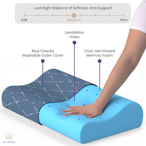 Image of MYARMOR Cool Gel Cervical Pillow for Neck Pain | Contour Design for Neck & Shoulder Pain Relief | Dual Height Ergonomic Support | 18 x 11 x 3.5 Inch | 2 Years Warranty | Blue Checks Cover - Pack of 1