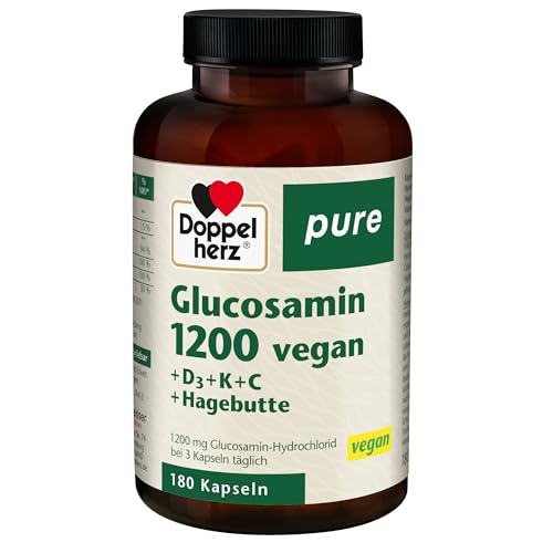 Doppelherz pure Glucosamin 1200 vegan - plus Hagebuttenextrakt, Vitamin D3 und K2, Kupfer und Calcium - 180 gelatinefreie Kapseln