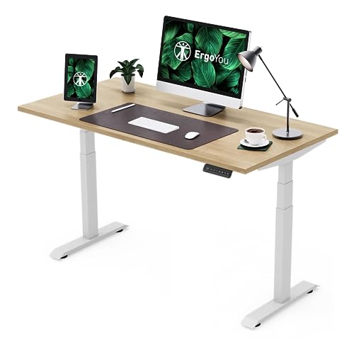 Image of ErgoYou Premium Electric Height Adjustable Table - Heavy Duty - Dual Motor 3 Stage - 150 Kgs Max Weight Capacity - E3A Series - Ergonomic Sit Stand Desk - 59 x 29.5 inches - Maple Laminate Table Top