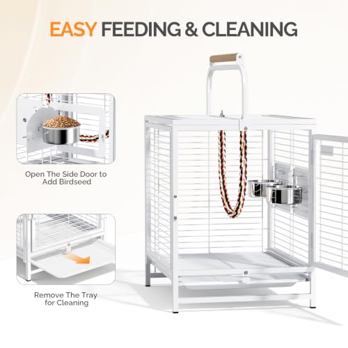 Image of VINGLI Small Bird Cage, 19 inch Travel Carrier Bird Cage with Handle, Wrought Iron Parakeet Cage with Wooden Perch for Parrot Lovebirds Finches Small /Medium Birds (White)