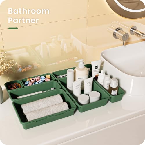 Image of A-LuGei 【Military Grade Drawer Organizer, 【𝟱𝗦𝗶𝘇𝗲】 Makeup organizer, 【Holds 177 Items】 Bathroom Organizers and Storage, Organization and Storage, Desk Drawer Organizer for Vanity (Green)