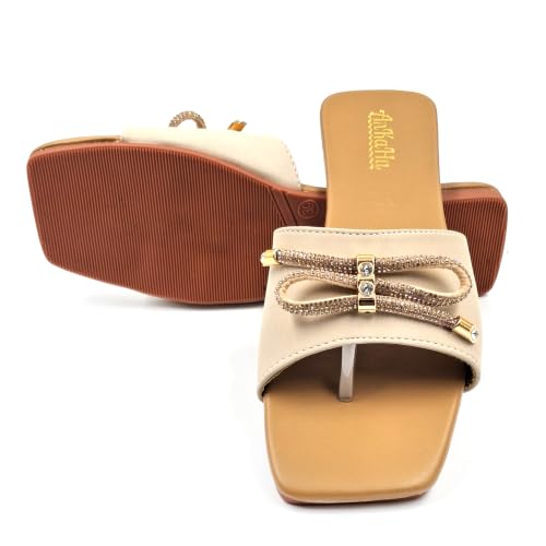 Image of flats for women stylish beige cream daily use flip flops girls slippers open square toe footwear sandals | Slides for women stylish bow accent on the toe