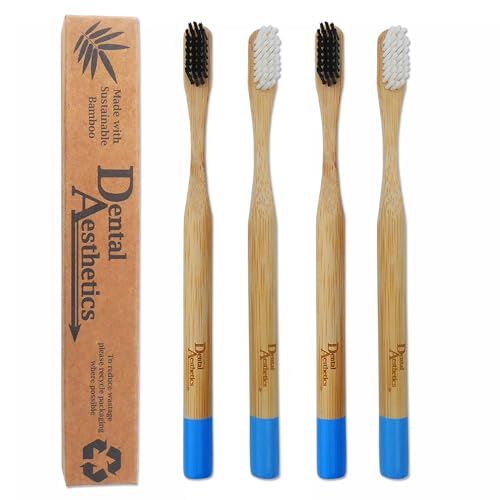 Dental Aesthetics 4 cepillos de dientes de bambú para adultos, cerdas duras, ecológicos, biodegradables, Negro Y Blanco