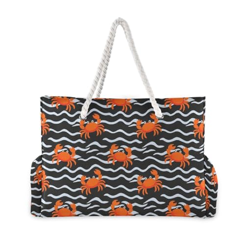 Cartoon Orange Crab Wave Pattern Portable foldable beach bag with zipper tote bags for schoo Travel Essentials Beach Gifts Birthday Gifts for Women2