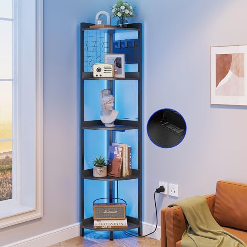 Dripex Corner Shelf, 5 Tier Black Corner Bookshelf with Power Outlets & Strip Lights Corner Plant Stand Shelving Unit for Living Room Bedroom Home Office Decor
