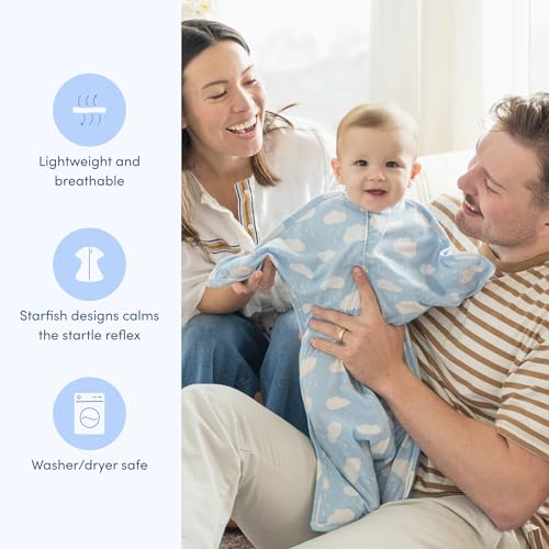 Image of SleepingBaby Zipadee-Zip Transition Swaddle - Cozy Baby Swaddle Blanket with Zipper Convenience - Roomy Wearable Blanket for Easy Diaper Changes - Spring Showers Blue, Large (12-24 Month)
