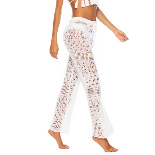 Image of 2025 Trousers Womens Cover Up Pants Hollow Out Crochet High Waist Mesh Beach Bikini Swimsuits Pants (White, M)