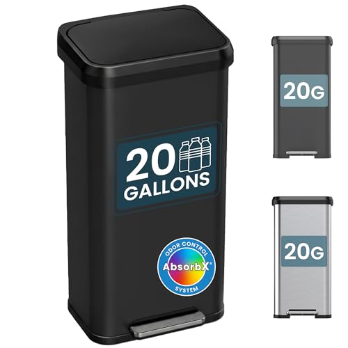 Image of iTouchless SoftStep 20 Gallon / 75 Liter Extra-Large Outdoor & Indoor Recycling Bin, Matte Black Stainless Steel, Heavy-Duty Step Trash Can with Odor Filter, Dent-Proof Lid for Garage, Patio, & Office