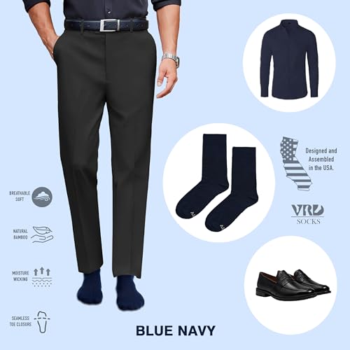 VRD Bamboo Mens Dress Socks for Men, 3-Pack, Blue Navy Crew Length Mid-Calf Socks, Mens Shoe Size 8-133
