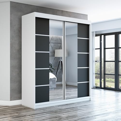 A&J MöbelLand Schwebetürenschrank ERA Kleiderschrank 2-türig mit Spiegel, Garderobe 160 cm (Weiß/Schwarz/Schwarz)