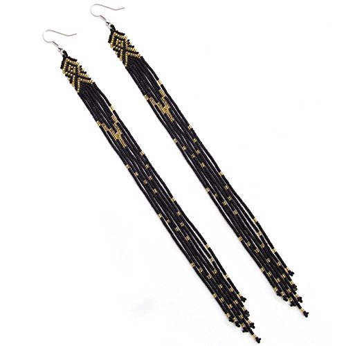 HANDMADE BEADED INDIAN FASHION JEWELRY BLACK GOLDEN COLOR GLASS SEED BEADS BEADED EARRINGS EXTRA LONG E-53/13