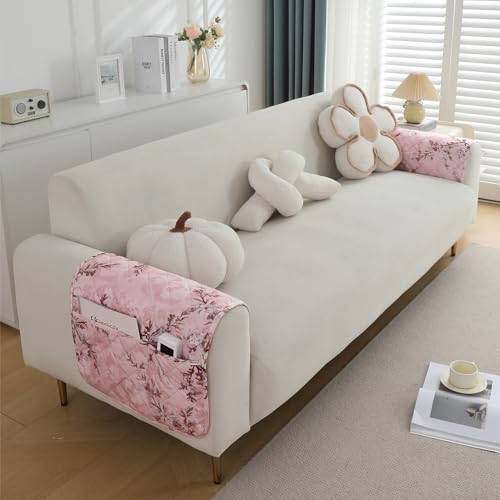 Image of HOKIPO Printed Waterproof + Anti-Slip + Quick Dry Sofa Armrest Cover with Pockets (2Pcs), Blossom Flower Pink (AR-5237-P5-L*2)