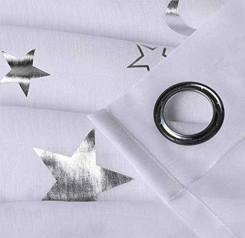 Silver Star Print Curtains White Sheer Window Drapes With Twinkle Star For Living Room 2 Panels Eyelet/Ring Top Transparent And Soft Cosmic Theme For Bedroom And Space-Loving Grown-Ups 54" W X63" L #TOP6