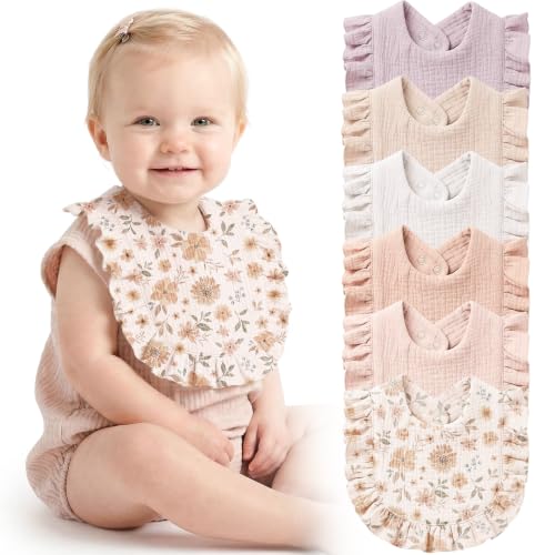 Image of Konssy 6-Pack Muslin Baby Girl Bibs, 100% Soft Cotton Absorbent Drool Bibs
