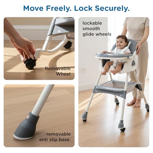 Image of Mee Mee Cherub Baby High Chair for Baby Feeding, 5-in-1 Convertible Kids Feeding Chair Compact Fold, High Adjustable, Play Chair Booster Seat Dual Meal Trays, 0.5 to 3 Years Kids (Grey)