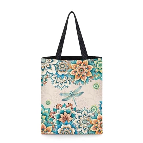 INSTANTARTS Dragonfly Women Reusable Grocery Bags Boho Style Foldable Shopping Handbags Casual Linen Canvas Shoulder Tote Bag with Handles