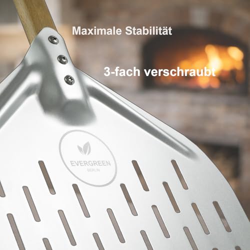 EVERGREEN BERLIN - Pizzaschieber - DAS ORIGINAL - Pizzaschieber perforiert - Pizzaheber aus Alu und Buchenholz - Pizzaschaufel perforiert für Pizza Passion - Pizzawender - Pizza Schieber - Pizza Peel 5