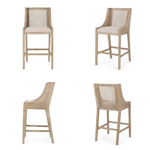 Butacos GDFStudio, Set de 2, Estilo Rústico Country, con Tapizado y Espaldar de Caña, Brazos y Patas de Madera, para Isla de Cocina, Altura 30 pulgadas, Color Beige + Natural miniatura 4