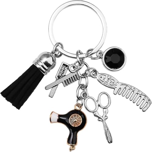 shioyoong Comb Scissors Charm Keychain, Creative Hair Stylist Gift, Hair Dryer Pendant Hairdresser Keychain for Key Ring Hanging Ornament Hairdresser Gift (Black)