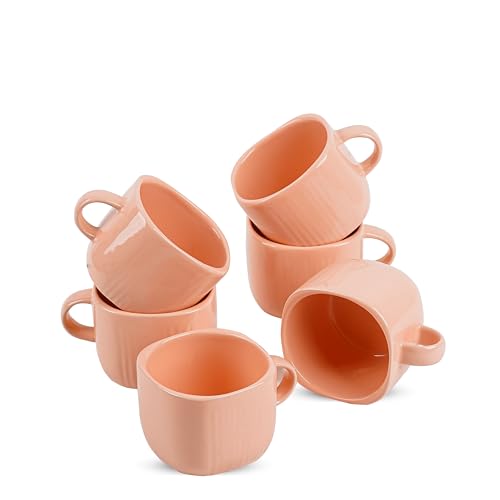 Image of Dandy Lines Zen Coffee Mugs in Peach, 199 ml, Ceramic, Pack of 6, Microwave & Dishwasher Safe, Great for Home Use & Gifting