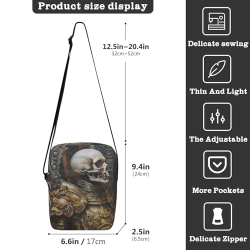 Crossbody Sling Bag for Women Men, Zipper Closure Messenger Bags Skeleton Angel Armor Print with Card Phone Passport Compartment 6.6×9.4×2.5 IN3
